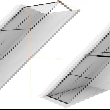 Mexen Kioto+ sprchová stena s policou Walk-in 90 x 200 cm, čierna mriežka, ružové zlato - 800-090-121-60-77