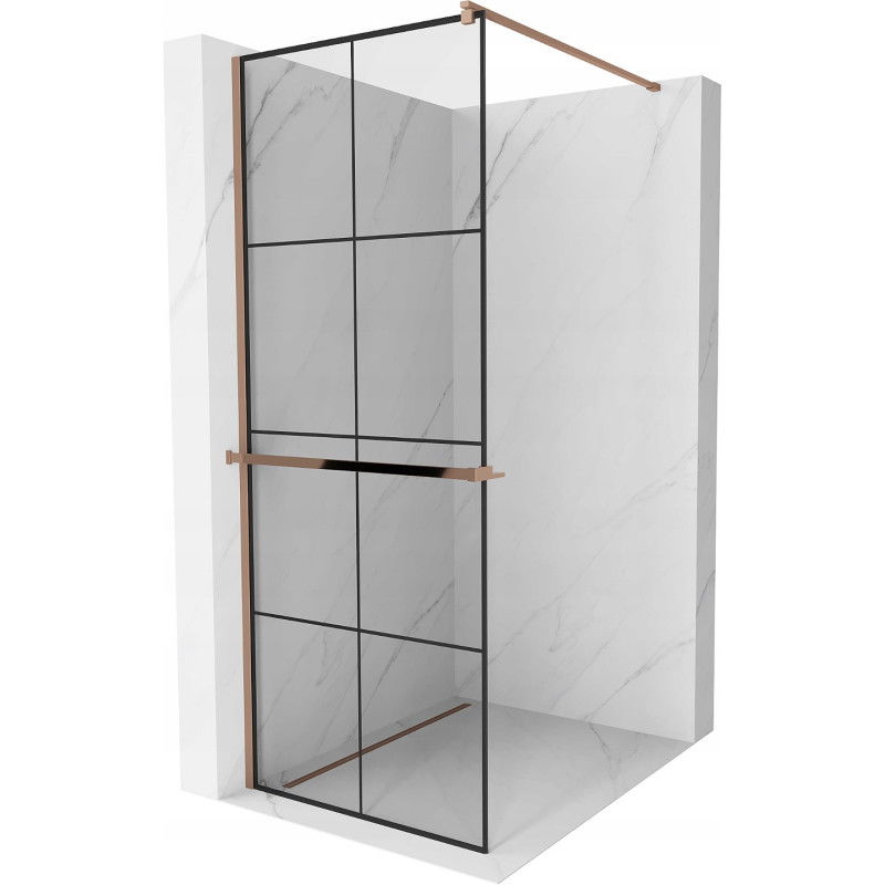 Mexen Kioto+ sprchová zástena s poličkou Walk-in 70 x 200 cm, čierna mriežka, ružové zlato - 800-070-121-60-77