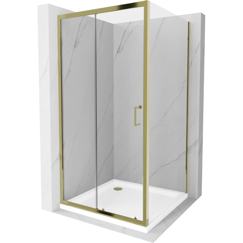 Mexen Apia posuvná sprchová kabína 90 x 90 cm, transparentná, zlatá + plochá vanička, biela - 840-090-090-50-00-4010G