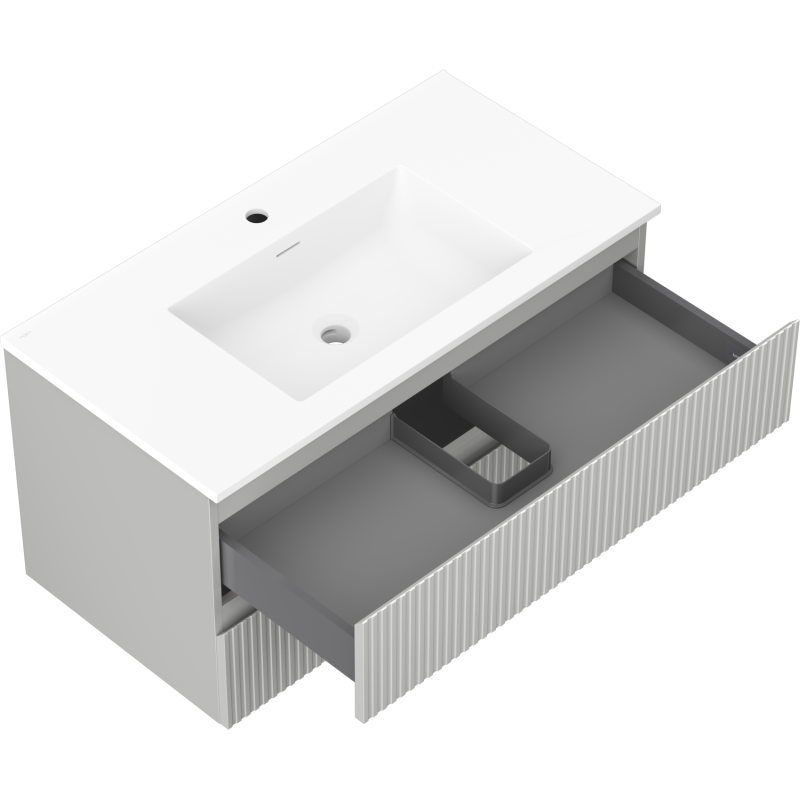 Mexen Rivel kúpeľňová skrinka 90 cm s umývadlom Otis, 2 zásuvky, ryhovaná, sivá matná/biela matná - 91A20-09047-2-BFF62-W18M01