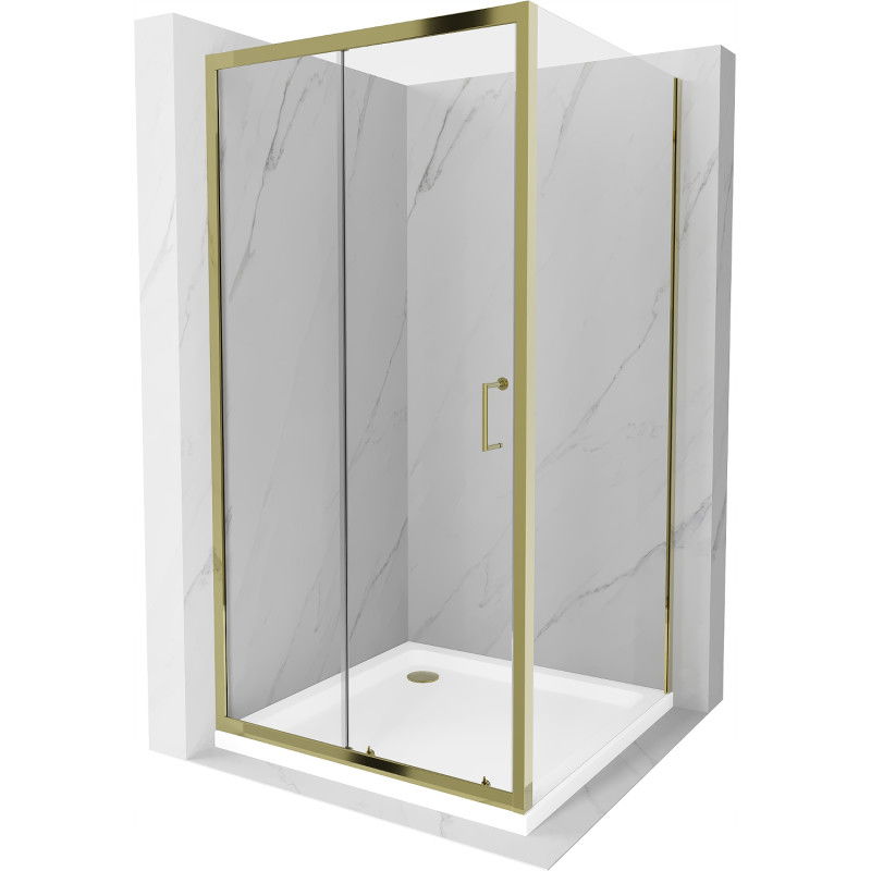 Mexen Apia sprchový kút posuvný 100 x 100 cm, transparentný, zlatý + sprchová vanička Flat, biela- 840-100-100-50-00-4010G