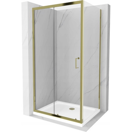 Mexen Apia sprchovací kút s posuvnými dverami 110 x 80 cm, transparentný, zlatý + vanička Flat, biely