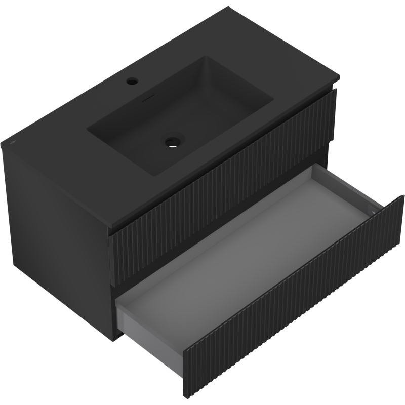 Mexen Rivel kúpeľňová skrinka 90 cm s umývadlom Otis, 2 zásuvky, ryhovaná, čierna matná - 91A20-09047-2-BFF71-W18M71