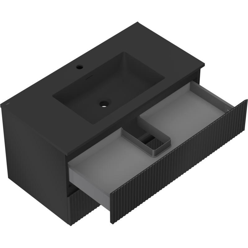Mexen Rivel kúpeľňová skrinka 90 cm s umývadlom Otis, 2 zásuvky, ryhovaná, čierna matná - 91A20-09047-2-BFF71-W18M71