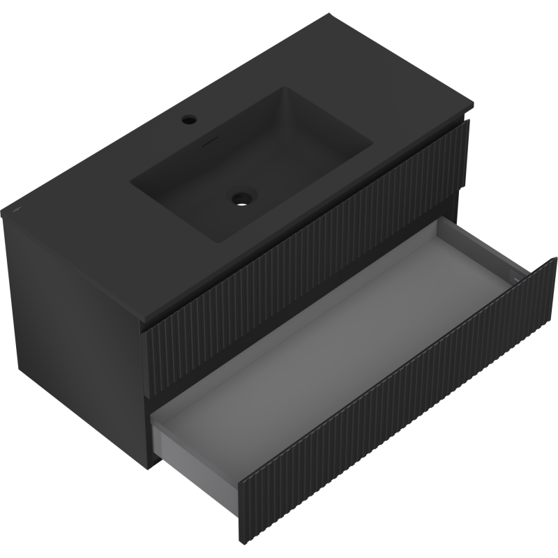 Mexen Rivel kúpeľňová skrinka 100 cm s umývadlom Otis, 2 zásuvky, ryhovaná, čierna matná - 91A20-10047-2-BFF71-W18M71