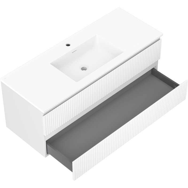 Mexen Rivel kúpeľňová skrinka 120 cm s umývadlom Otis, 2 zásuvky, drážkovaná, biela matná - 91A20-12047-2-BFF01-W18M01