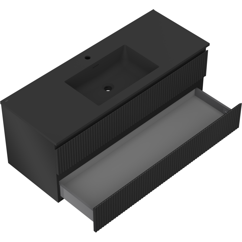 Mexen Rivel kúpeľňová skrinka 120 cm s umývadlom Otis, 2 zásuvky, ryhovaná, čierna mat - 91A20-12047-2-BFF71-W18M71