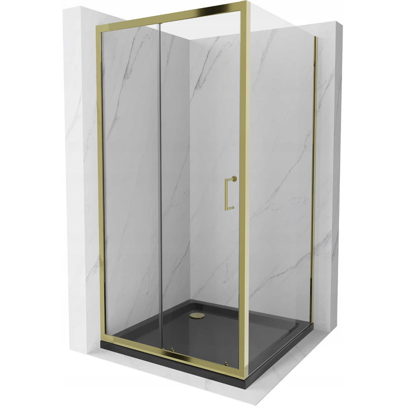 Mexen Apia posuvná sprchová kabína 90 x 90 cm, transparentná, zlatá + sprchová vanička Flat, čierna - 840-090-090-50-00-4070G