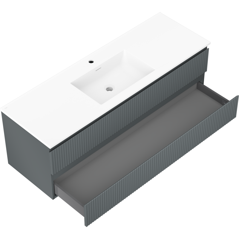 Mexen Rivel kúpeľňová skrinka 140 cm s umývadlom Otis, 2 zásuvky, ryhovaná, grafit mat/biela mat -