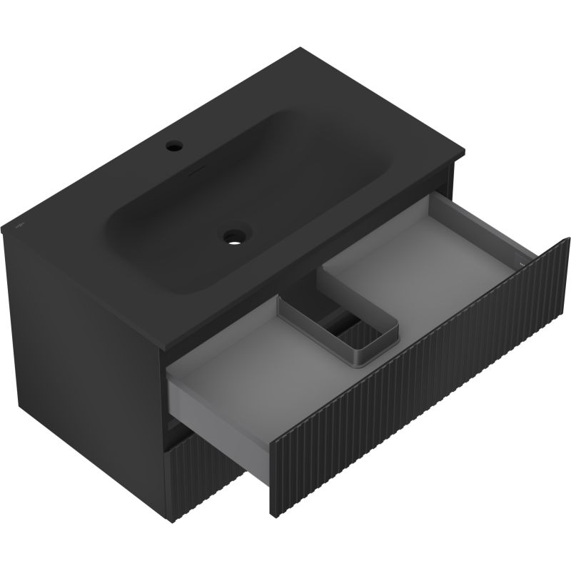 Mexen Rivel kúpeľňová skrinka 80 cm s umývadlom Vela, 2 zásuvky, ryhovaná, čierna mat - 91A20-08047-2-BFF71-W23M71