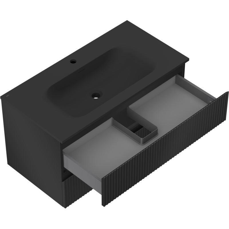 Mexen Rivel kúpeľňová skrinka 90 cm s umývadlom Vela, 2 zásuvky, ryhovaná, čierna matná - 91A20-09047-2-BFF71-W23M71