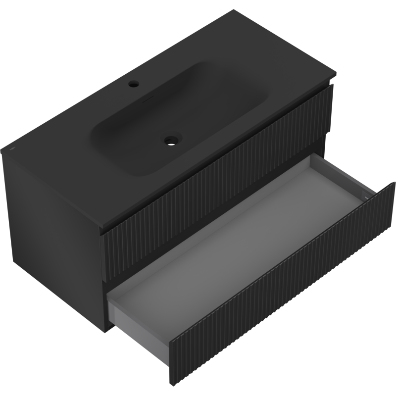 Mexen Rivel kúpeľňová skrinka 100 cm s umývadlom Vela, 2 zásuvky, ryhovaná, čierna matná - 91A20-10047-2-BFF71-W23M71