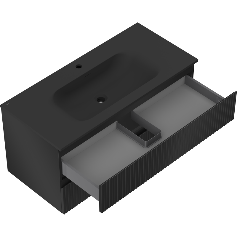 Mexen Rivel kúpeľňová skrinka 100 cm s umývadlom Vela, 2 zásuvky, ryhovaná, čierna matná - 91A20-10047-2-BFF71-W23M71