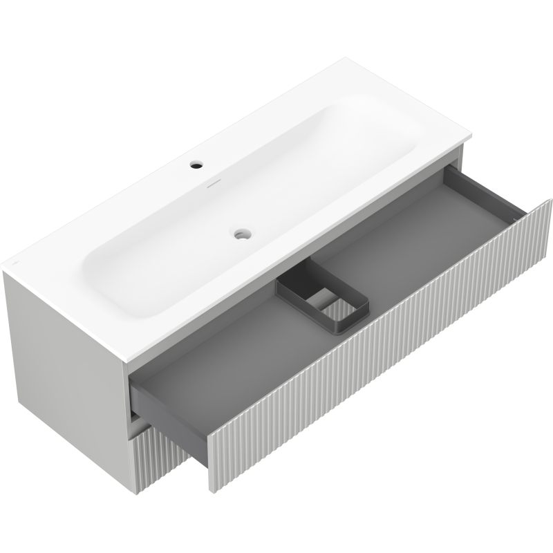 Mexen Rivel kúpeľňová skrinka 120 cm s umývadlom Vela, 2 zásuvky, ryhovaná, sivá matná/biela matná -