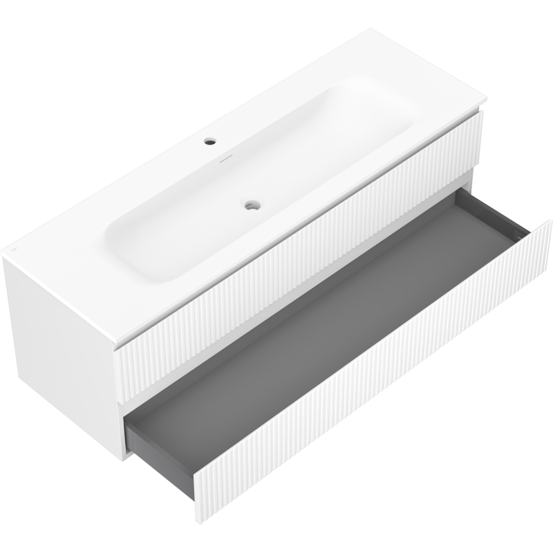 Mexen Rivel kúpeľňová skrinka 140 cm s umývadlom Vela, 2 zásuvky, ryhovaná, biela matná - 91A20-14047-2-BFF01-W23M01