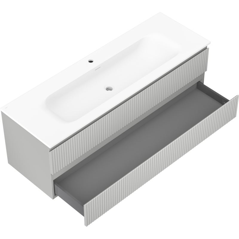 Mexen Rivel kúpeľňová skrinka 140 cm s umývadlom Vela, 2 zásuvky, vrúbkovaná, sivá matná/biela matná -