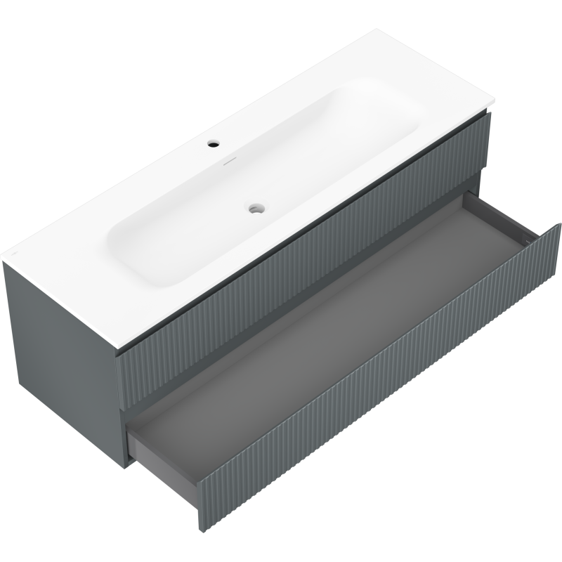 Mexen Rivel kúpeľňová skrinka 140 cm s umývadlom Vela, 2 zásuvky, ryhovaná, grafitová matná/biela matná -