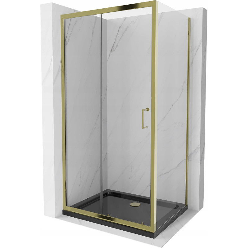 Mexen Apia sprchovací kút posuvný 130 x 90 cm, transparentný, zlatý + vanička Flat, čierny - 840-130-090-50-00-4070G
