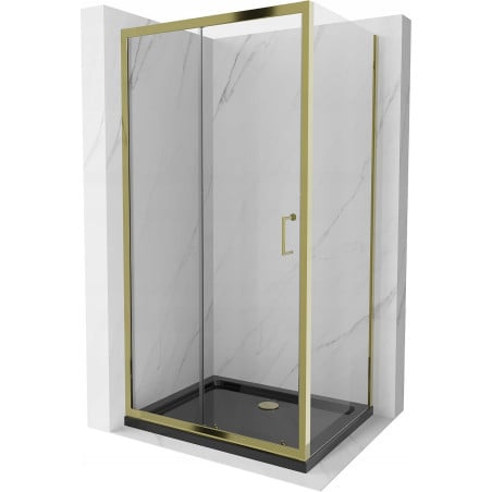 Mexen Apia sprchovací kút posuvný 130 x 90 cm, transparentný, zlatý + vanička Flat, čierny - 840-130-090-50-00-4070G