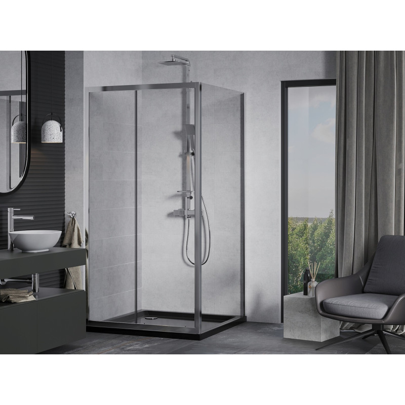 Mexen Apia posuvná sprchová kabína 90 x 90 cm, transparentná, chróm + vanička Flat, čierna - 840-090-090-01-00-4070