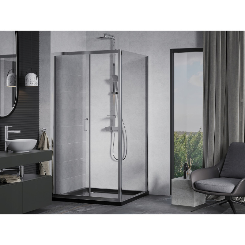 Mexen Apia posuvná sprchová kabína 90 x 90 cm, transparentná, chróm + vanička Flat, čierna - 840-090-090-01-00-4070