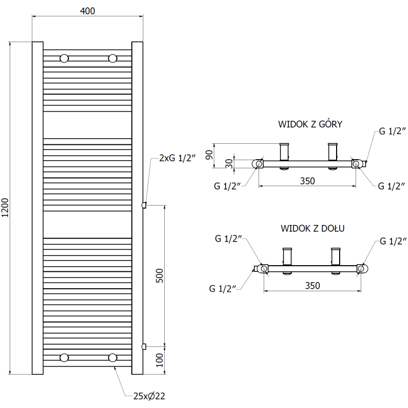 Mexen Mars kúpeľňový radiátor bočný 1200 x 400 mm, 439 W, čierny - W110-1200-400-00-70-S
