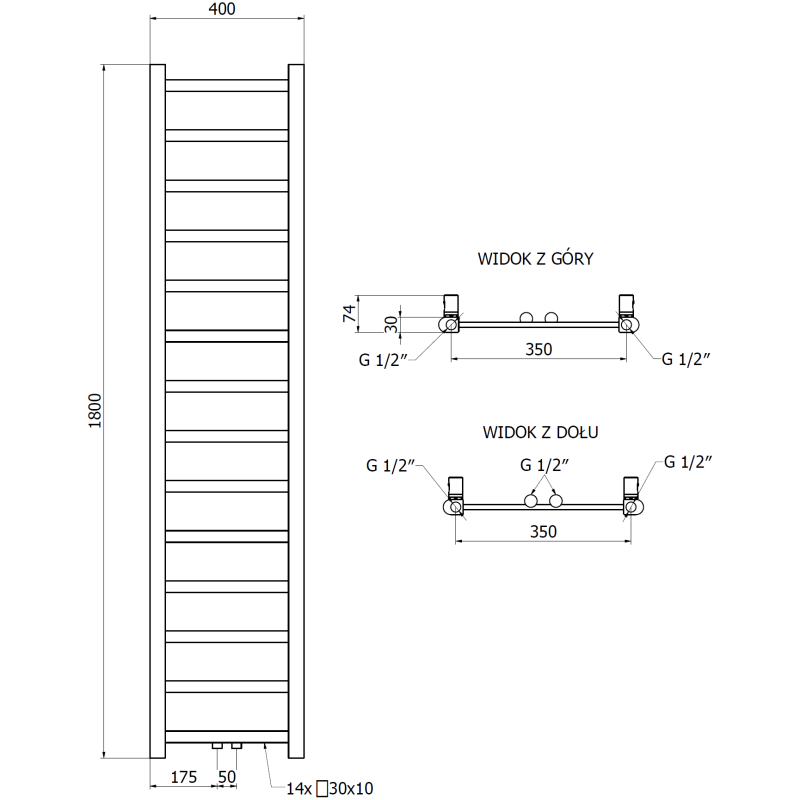 Mexen Bolt kúpeľňový radiátor 1800 x 400 mm, 406 W, antracit - W126-1800-400-00-66