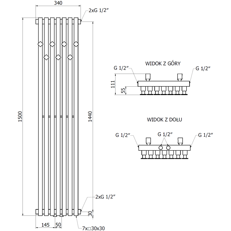 Mexen Flux dekoratívny kúpeľňový radiátor 1500 x 340 mm, 630 W, čierny - W127-1500-340-00-70