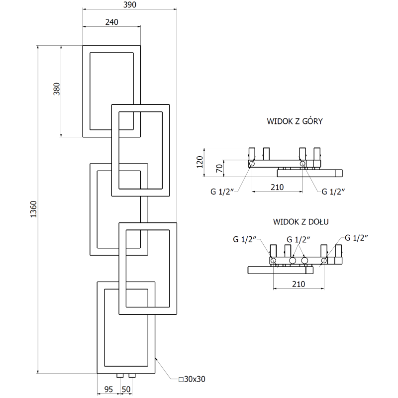Mexen Grid dekoratívny kúpeľňový radiátor 1360 x 390 mm, 349 W, čierny - W215-1360-390-00-70