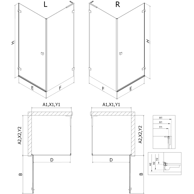 Mexen Lunar-B L sprchový kút s krídlovými dverami ľavý 90 x 70 cm, transparentný, brúsený nikel- 832L-090-070-97-00-L