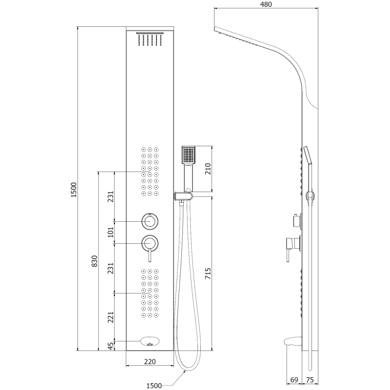 Mexen Ardo sprchový panel s výlevkou, čierny - 7617-04-70