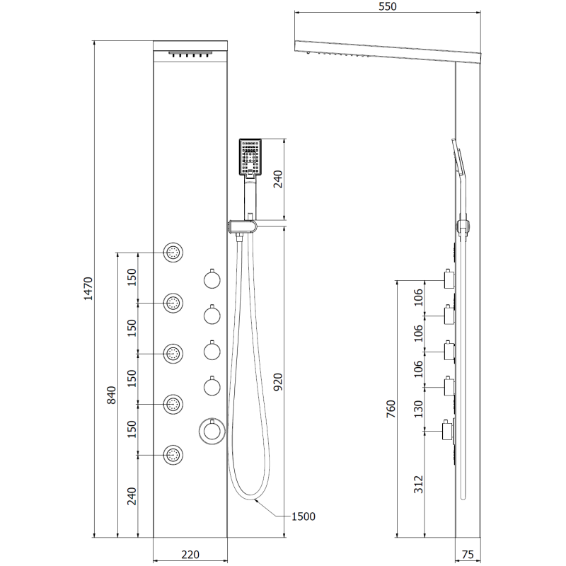 Mexen Lando sprchový panel, čierny - 7611-04-70