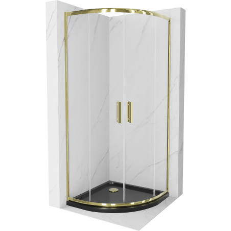 Mexen Rio polkruhová sprchová kabína 90 x 90 cm, transparentná, zlatá + plochá vanička, čierna - 863-090-090-50-00-4170G