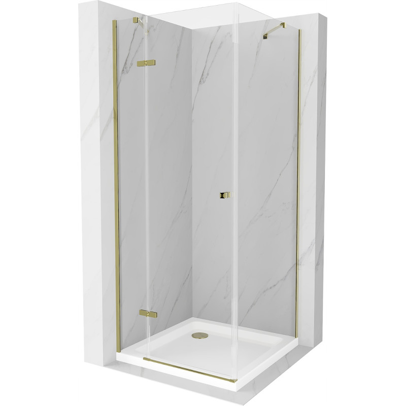 Mexen Roma otváracia sprchová kabína 90 x 90 cm, transparentná, zlatá + sprchová vanička Flat - 854-090-090-50-00-4010