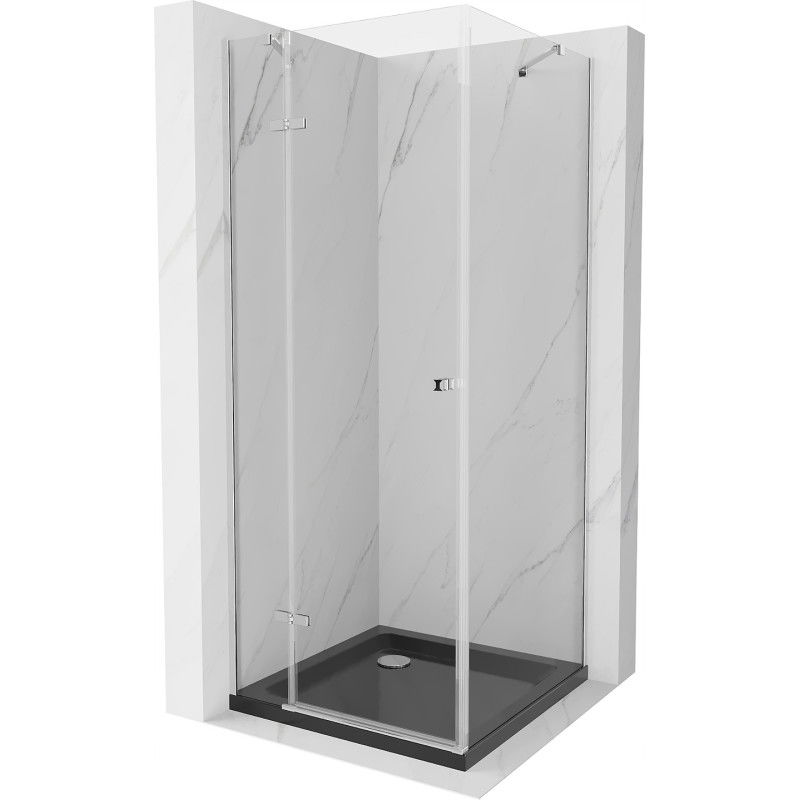 Mexen Roma sprchová kabína otvárateľná 90 x 90 cm, transparentná, chróm + vanička Flat, čierna - 854-090-090-01-00-4070