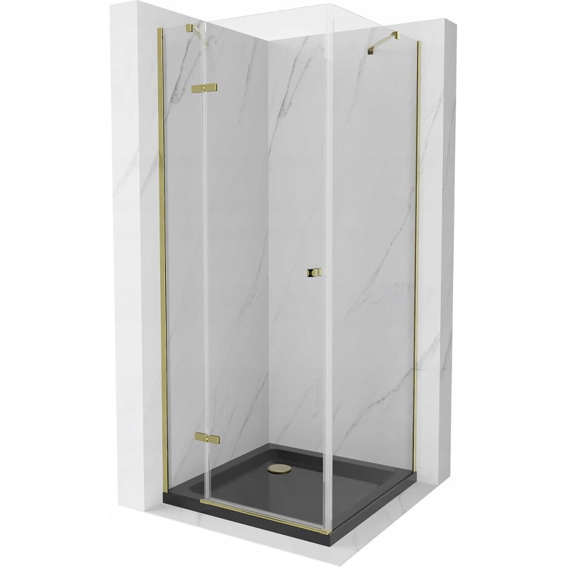 Mexen Roma sprchová kabína otváracia 80 x 80 cm, transparentná, zlatá + vanička Flat, čierna - 854-080-080-50-00-4070G