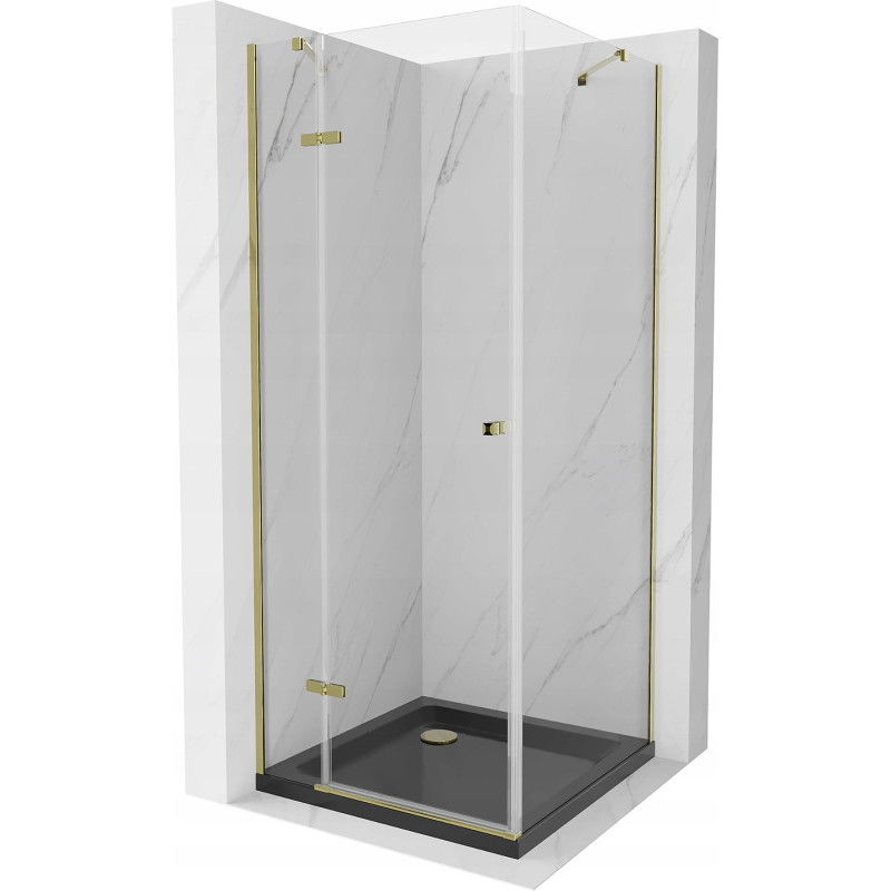 Mexen Roma sprchovací kút s otváracími dverami 80 x 80 cm, priehľadný, zlatý + Flat vanička, čierna - 854-080-080-50-00-4070G