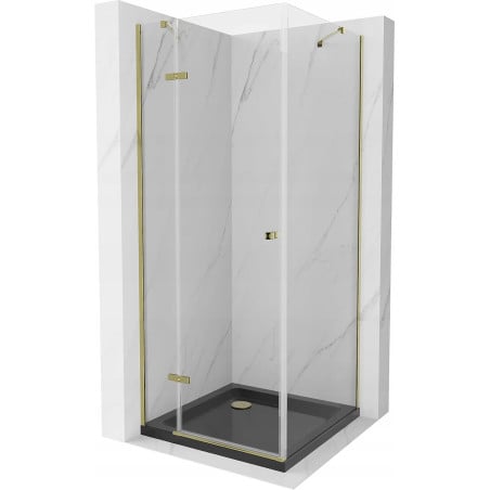 Mexen Roma Sprchový kút otočný 90 x 90 cm, transparentný, zlatý + vanička Flat, čierna - 854-090-090-50-00-4070G