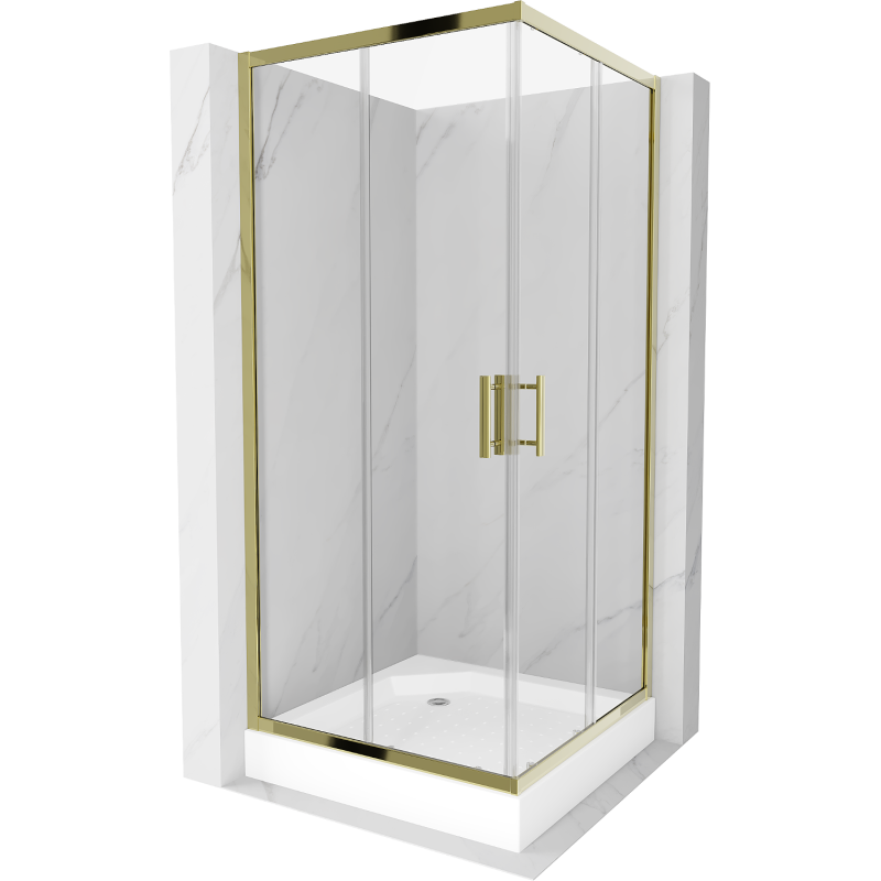 Mexen Rio štvorcová sprchová kabína 90 x 90 cm, transparentná, zlatá + sprchová vanička, biela - 860-090-090-50-00-4510