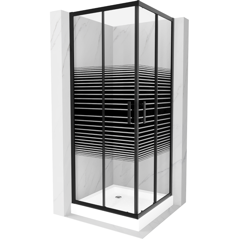 Mexen Rio štvorcový sprchovací kút 80 x 80 cm, čierne pruhy, čierna + sprchová vanička Rio, biela - 860-080-080-70-20-4510