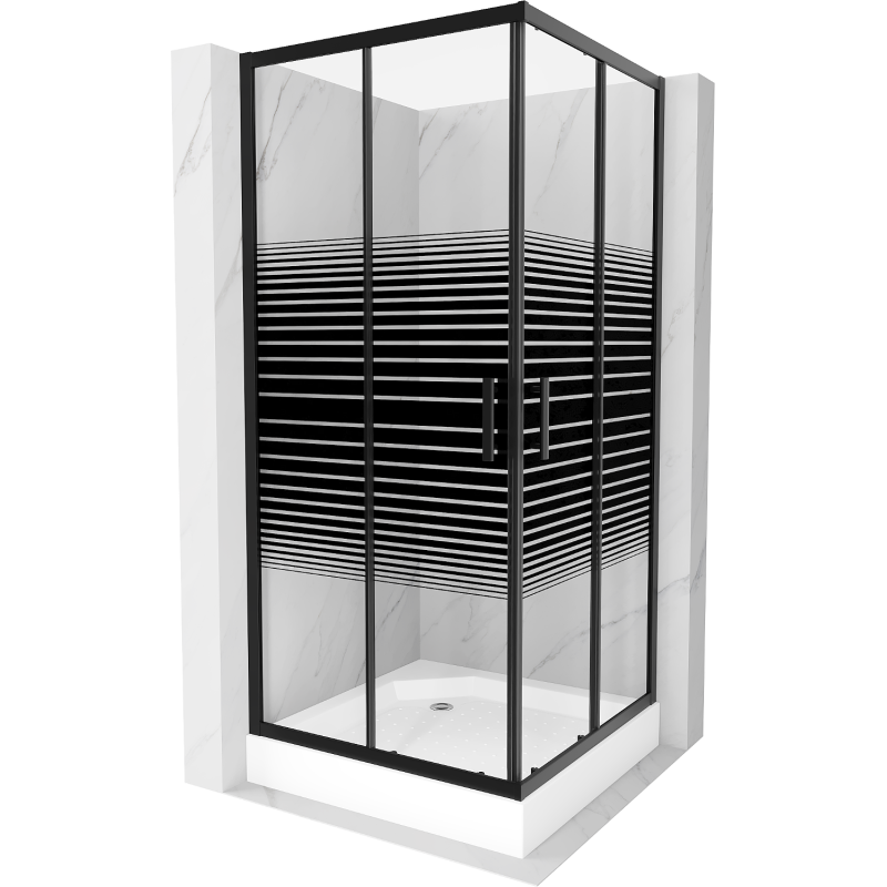 Mexen Rio štvorcový sprchovací kút 90 x 90 cm, čierne pásy, čierny + vanička Rio, biela - 860-090-090-70-20-4510