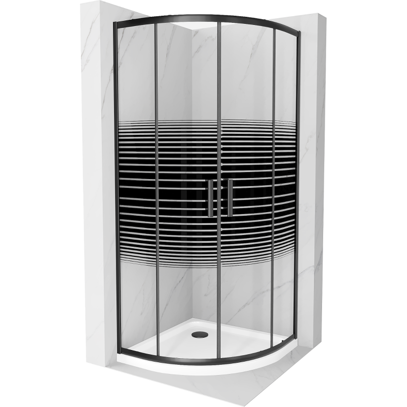 Mexen Rio sprchový kút polkruhový 80 x 80 cm, čierne pruhy, čierny + vanička Flat, biela - 863-080-080-70-20-4110B