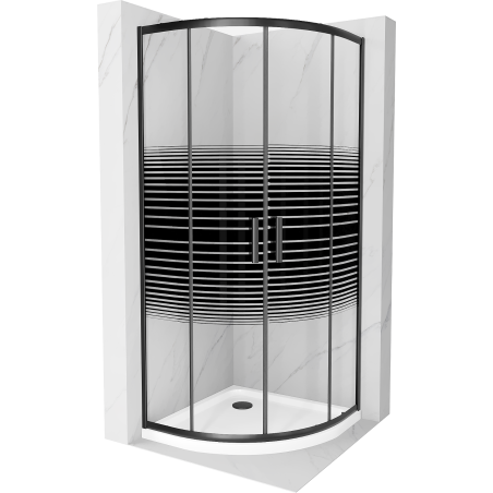 Mexen Rio sprchový kút polkruhový 80 x 80 cm, čierne pruhy, čierny + vanička Flat, biela - 863-080-080-70-20-4110B