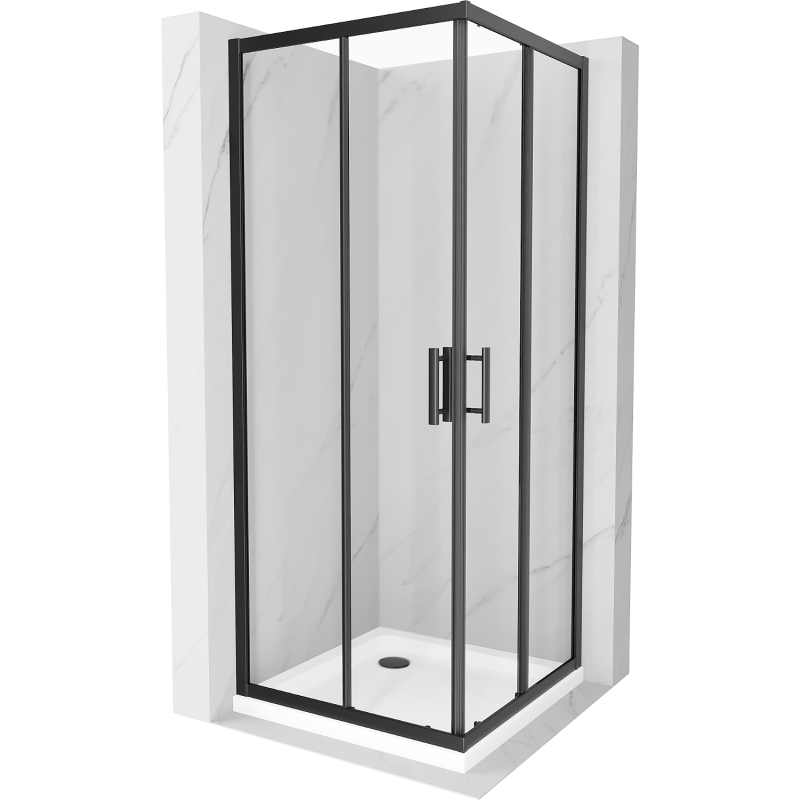 Mexen Rio štvorcový sprchový kút 80 x 80 cm, transparentný, čierny + sprchová vanička Flat, biela