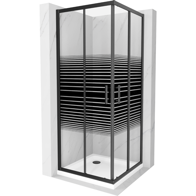Mexen Rio štvorcový sprchovací kút 90 x 90 cm, čierne pruhy, čierny + vanička Flat, biely - 860-090-090-70-20-4010B