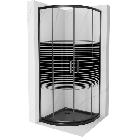 Mexen Rio sprchovací kút polkruhový 90 x 90 cm, čierne pruhy, čierny + vanička Flat, čierna - 863-090-090-70-20-4170B