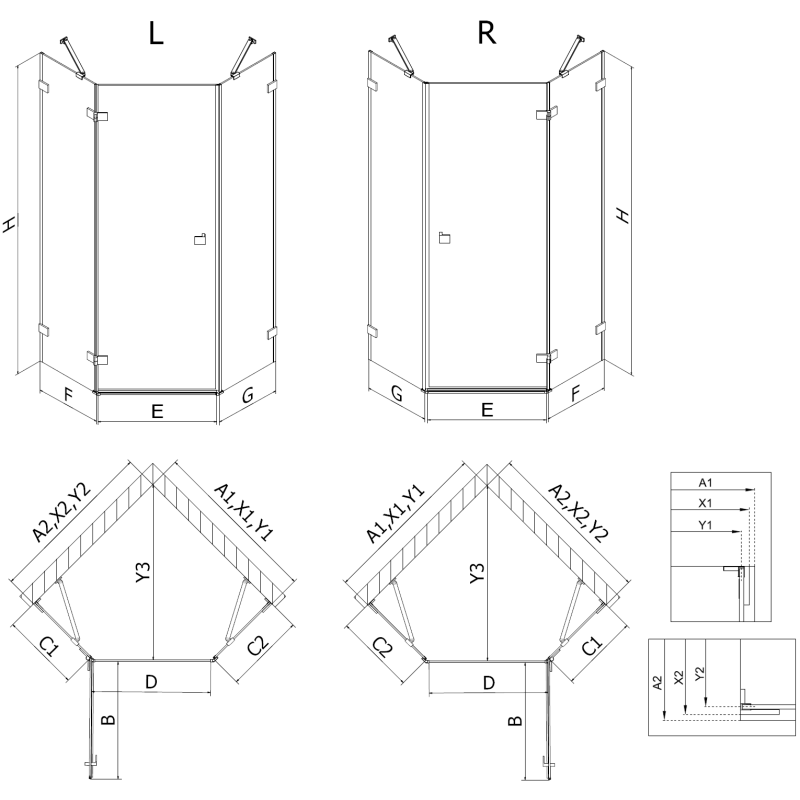 Mexen Lunar päťuholníková sprchová kabína, otváracia ľavá 100 x 80 cm, priehľadná, zlatá kartáčovaná - 831-100L-080P-55-00-L