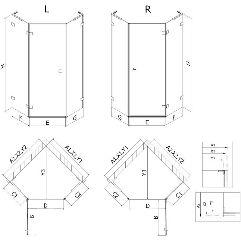 Mexen Lunar L sprchový kút päťuholníkový výklopný ľavý 100 x 90 cm, priehľadný, chróm - 831L-100L-090P-01-00-L