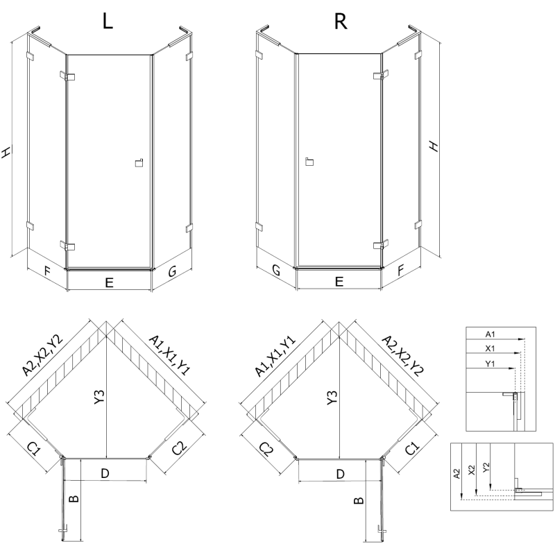 Mexen Lunar L päťuholníková sprchová kabína otočná ľavá 100 x 80 cm, priehľadná, zlatá - 831L-100L-080P-50-00-L