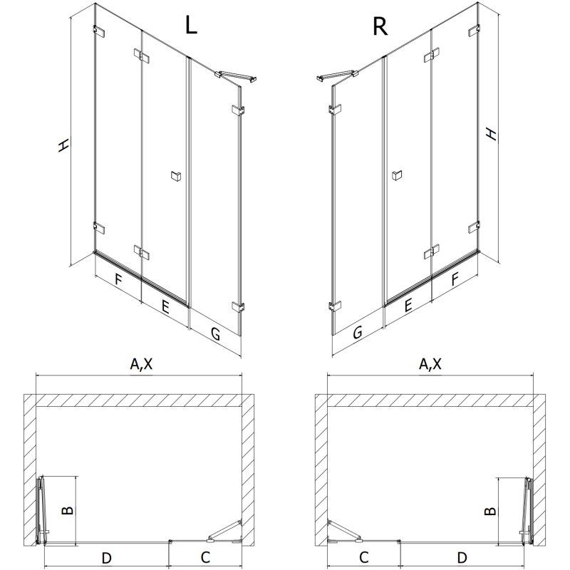 Mexen Lunar-F skladacie sprchové dvere pravé 125 cm, transparentné, brúsený nikel - 836S-125-050-97-00-P